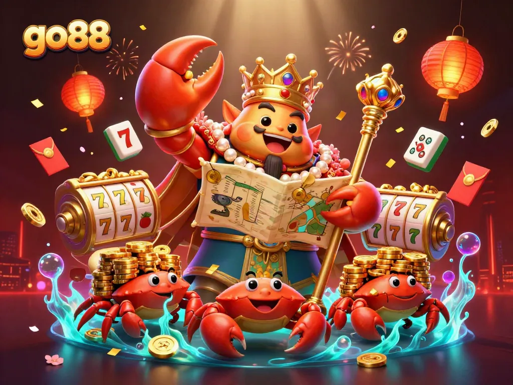 Play go88 with excitement as the golden crab emperor oversees the thrilling slot reels and treasures.