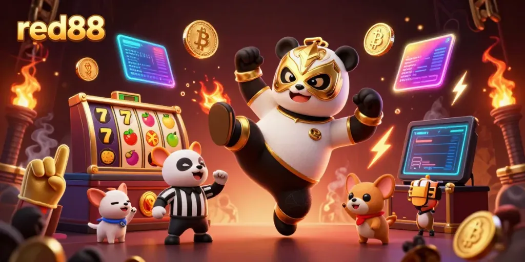 Experience thrilling action at red88 with a panda wrestler performing and vibrant casino elements around.