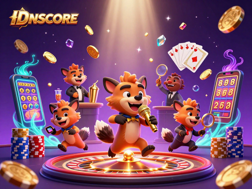 Experience the thrill of IDNSCORE with a lively casino scene featuring hyenas and casino elements.