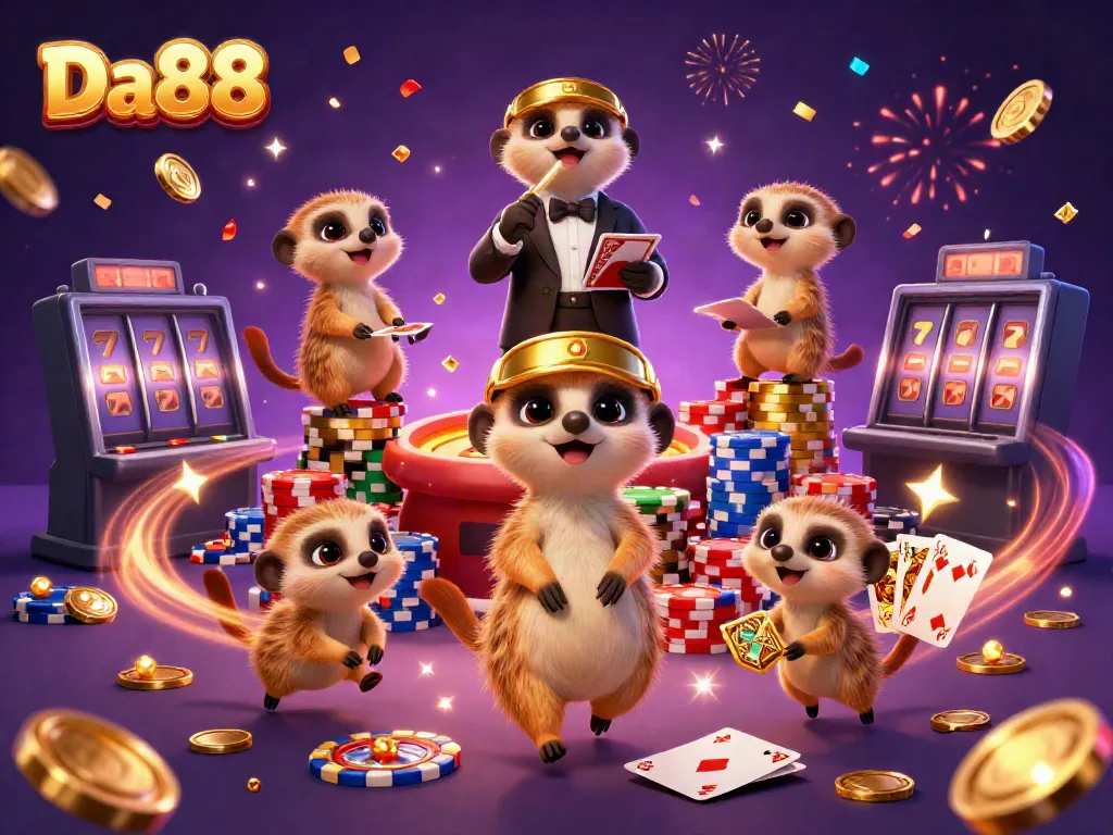 Experience the excitement of Da88 with meerkats managing a vibrant casino scene filled with coins and cards.