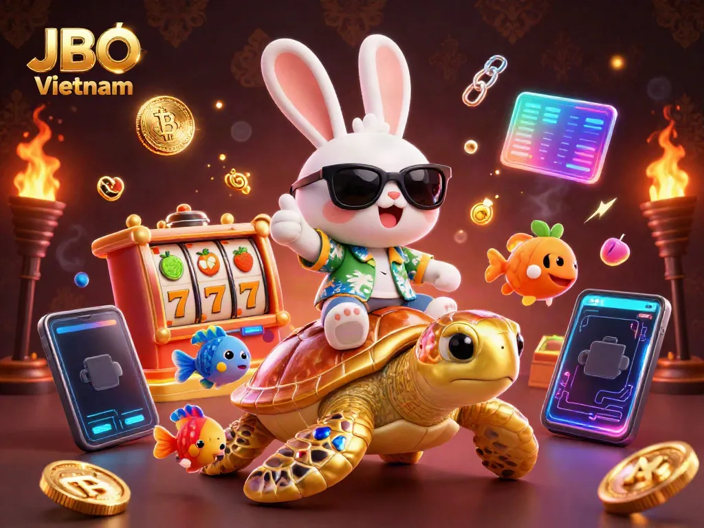 Engaging illustration showcasing JBO Vietnam, a lucky rabbit with a golden sea turtle amid vibrant casino elements.