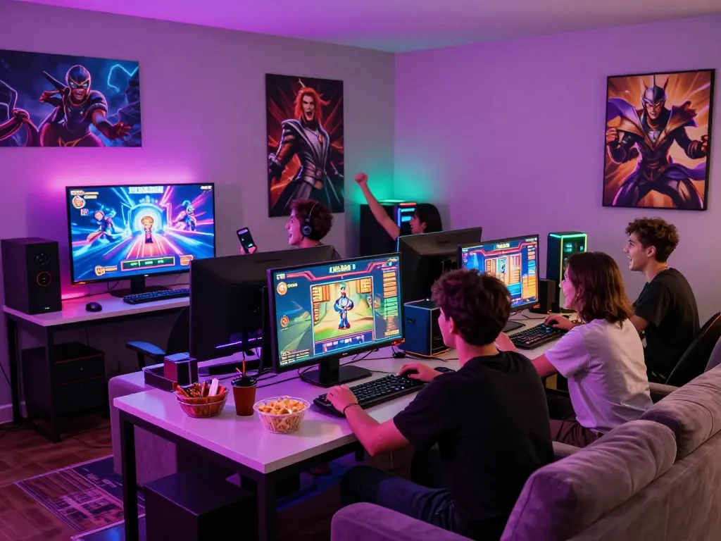 Exciting online gaming scene with friends playing vegasslot77 in vibrant atmosphere.