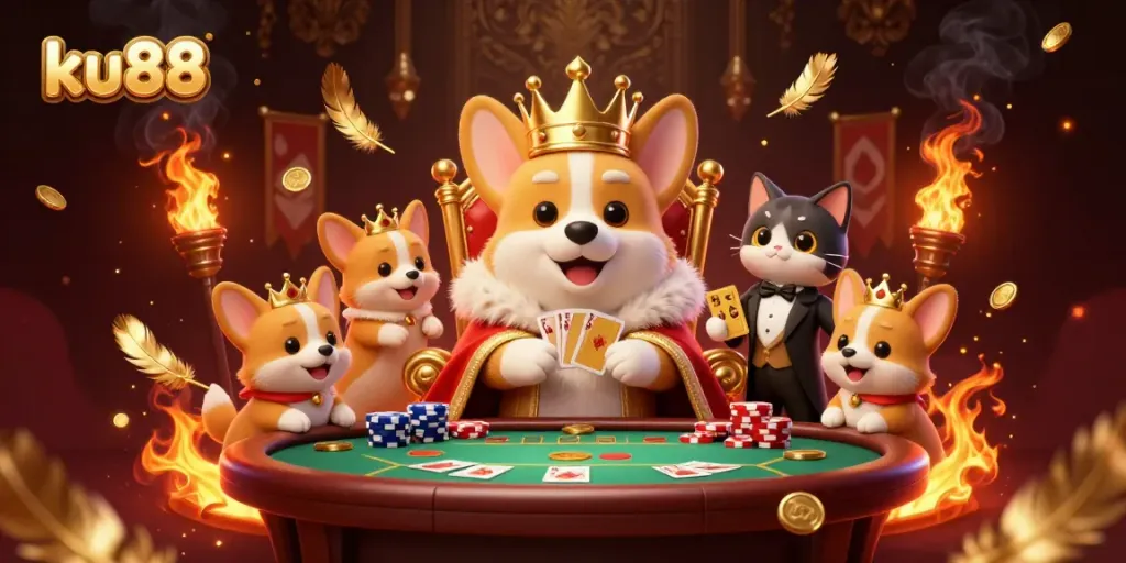 Join the royal corgi at ku88's vibrant casino, celebrating wins with poker chips and card decks!