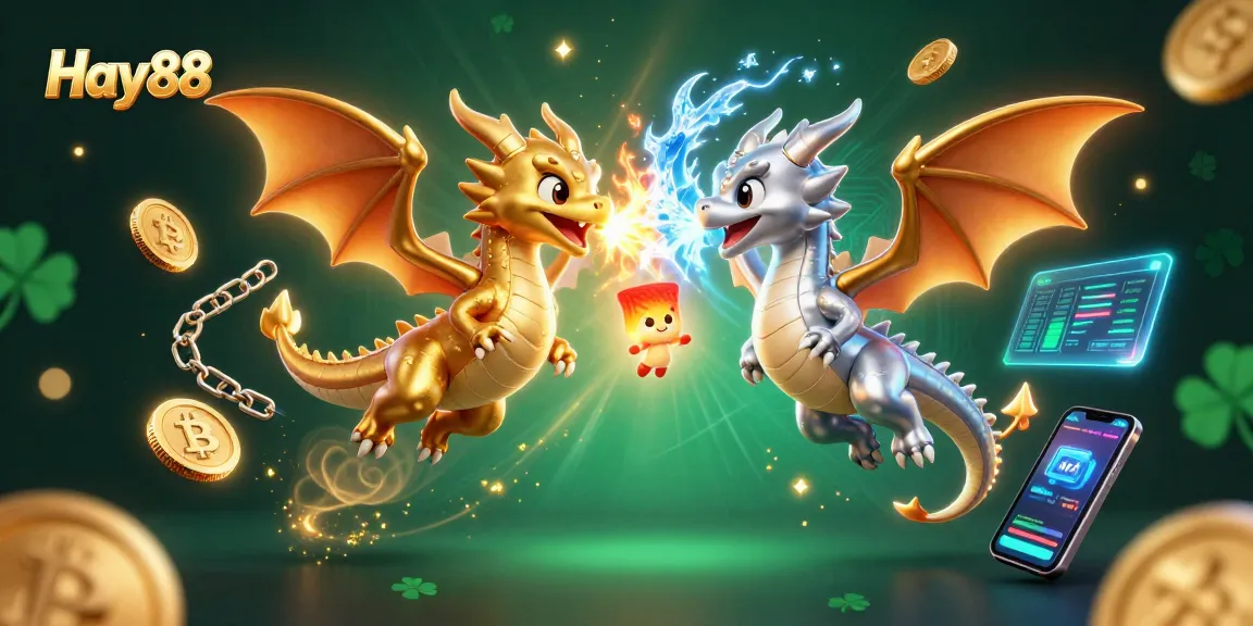 Engage in thrilling bets at Hay88 with dragons amidst crypto symbols and casino icons.