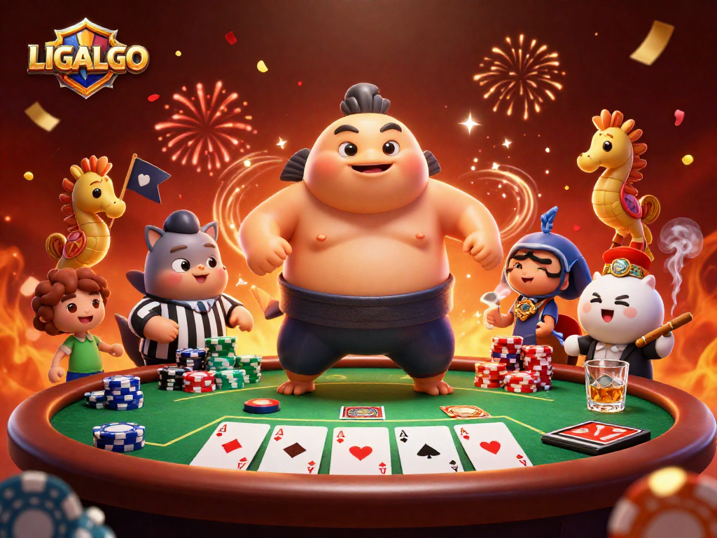 LIGALGO showcases a dynamic underwater casino scene with a fugu in sumo attire and playful elements.