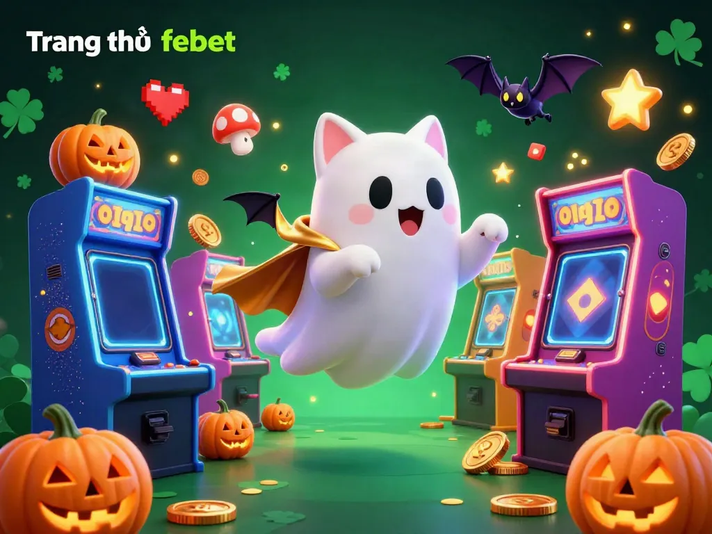 Engaging illustration of Trang chủ febet featuring a ghost cat and casino elements in vibrant colors.