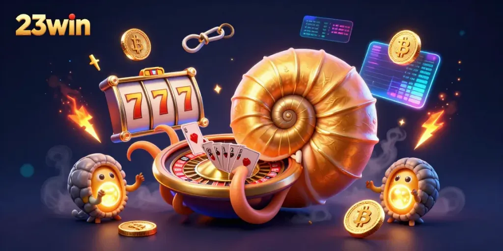 Engage in thrilling gameplay at 23win, featuring a giant nautilus roulette and vibrant slot elements.