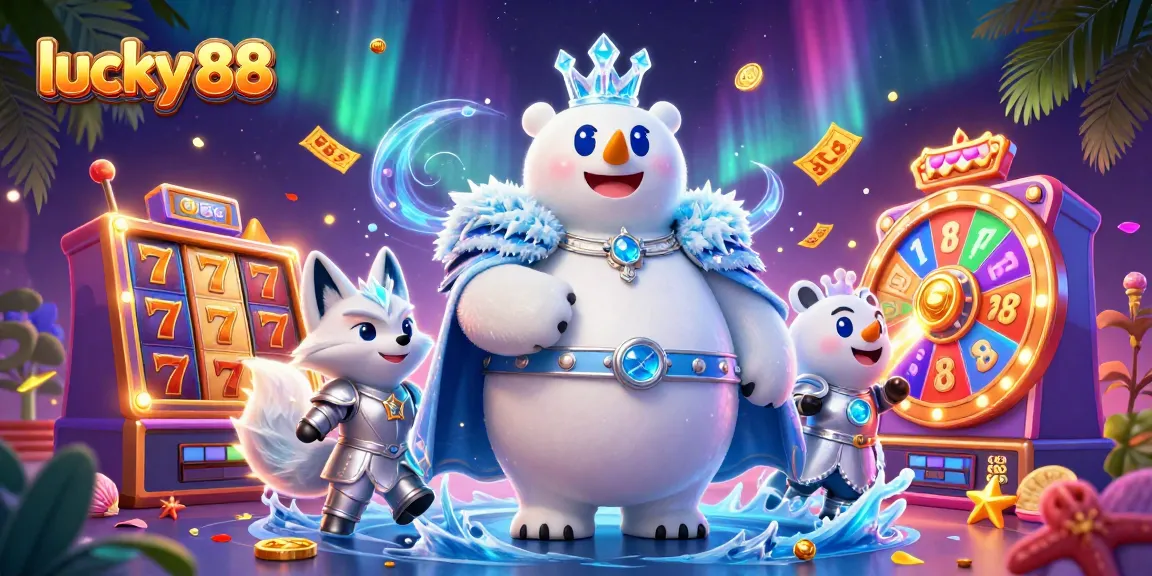 Win big with lucky 88 as colorful slot elements and characters create a thrilling casino atmosphere.