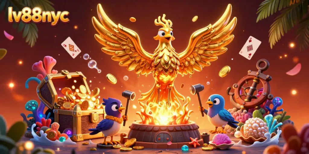 Engage in the excitement of gambling at lv88nyc, featuring a golden phoenix amidst riches in a vibrant casino scene.