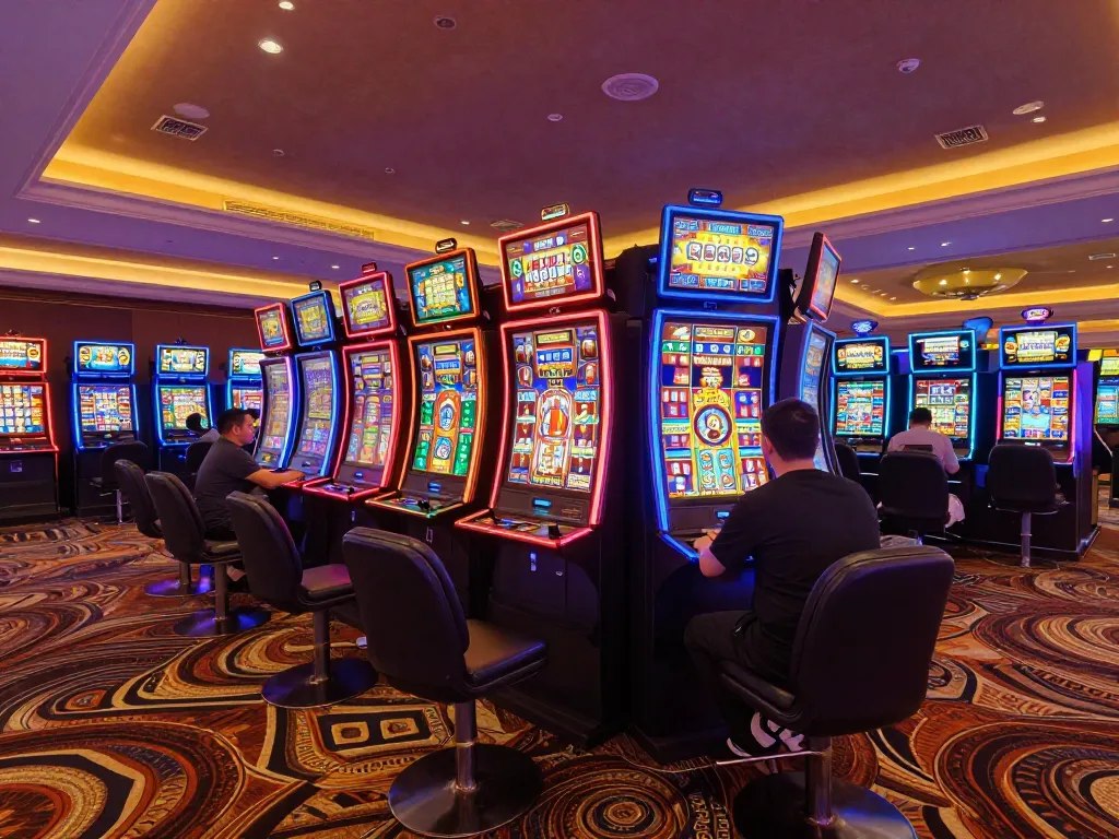 Agen Slot players enjoying exciting winning moments at vibrant casino slot machines.
