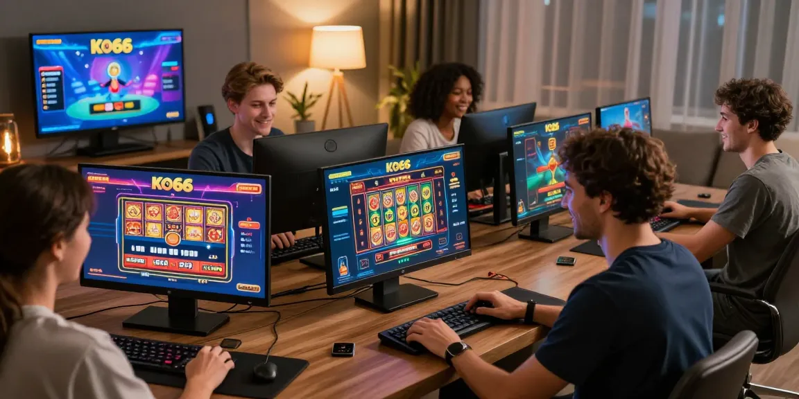 KO66 online casino scene with diverse players enjoying games in a modern setting, showcasing engaging graphics and warmth.