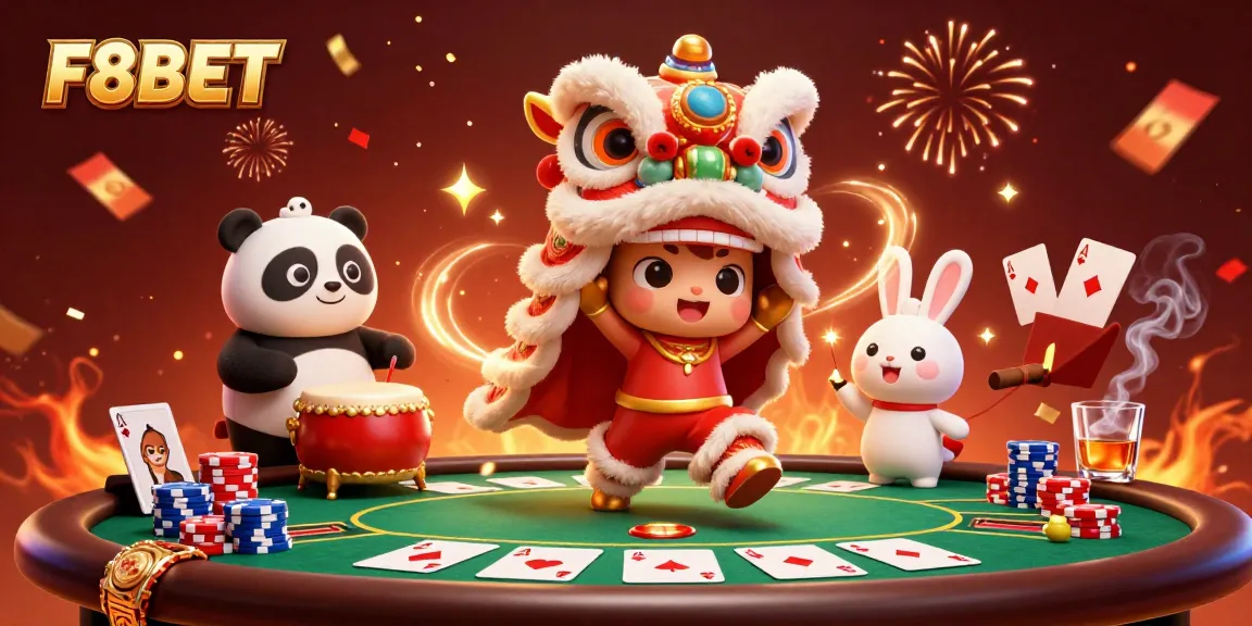 Experience thrilling gameplay with F8BET as a lion dance and poker scene comes alive.