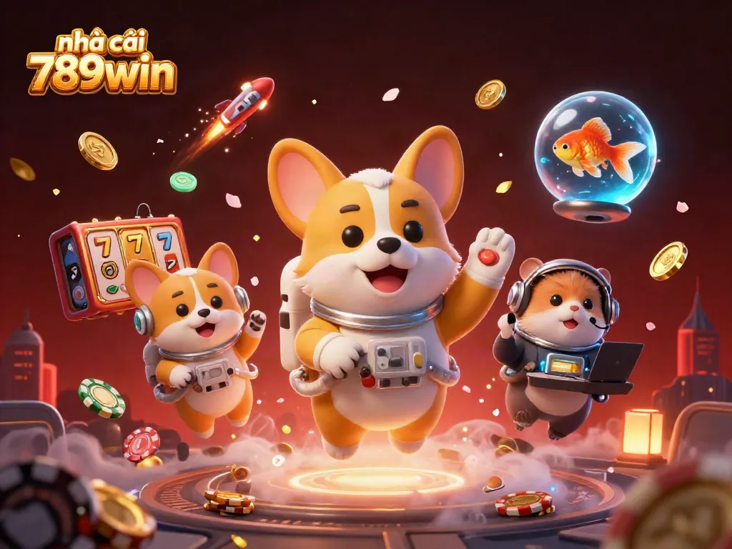 Engage with the exciting world of nhà cái 789win featuring a playful corgi astronaut amidst a casino in space, illustrating fun gaming elements.