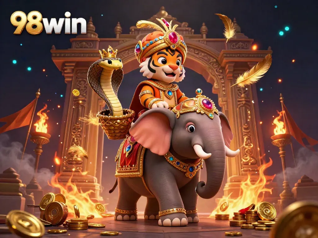 Win big at 98win in an exciting casino scene with a powerful maharaja and vibrant game elements.
