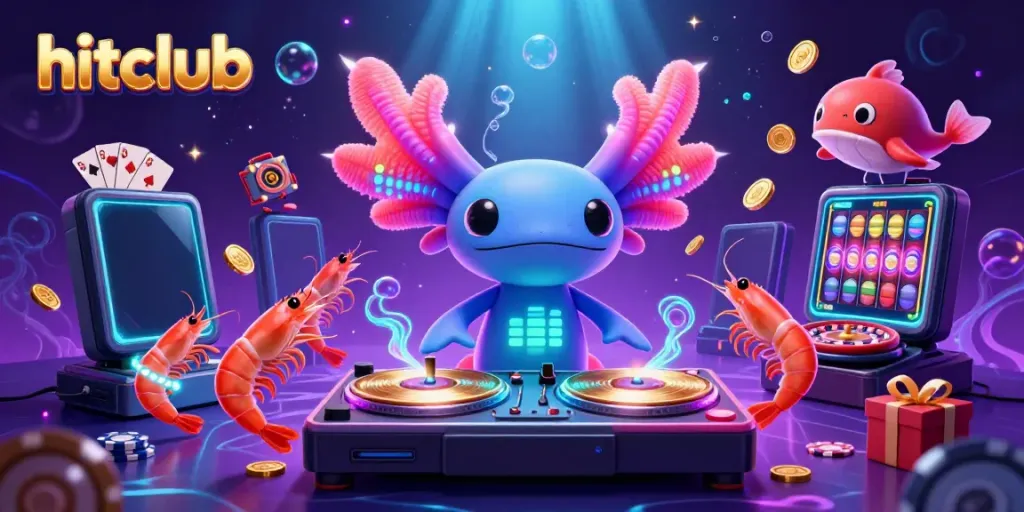 Experience excitement with hitclub's vibrant gaming scene featuring bright characters and popular game elements.