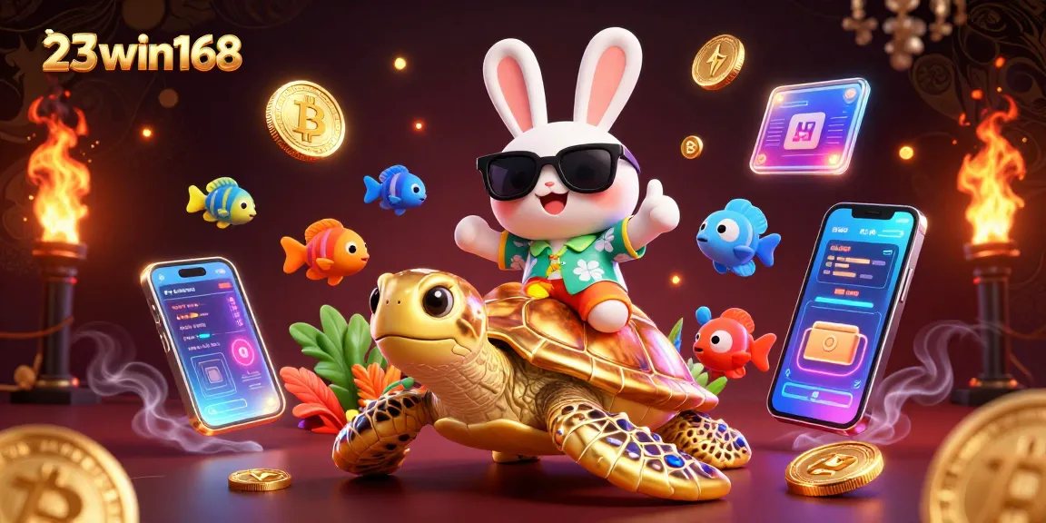 Win big with 23win168 in an adventure featuring a lucky rabbit and golden turtle in a vibrant casino scene.
