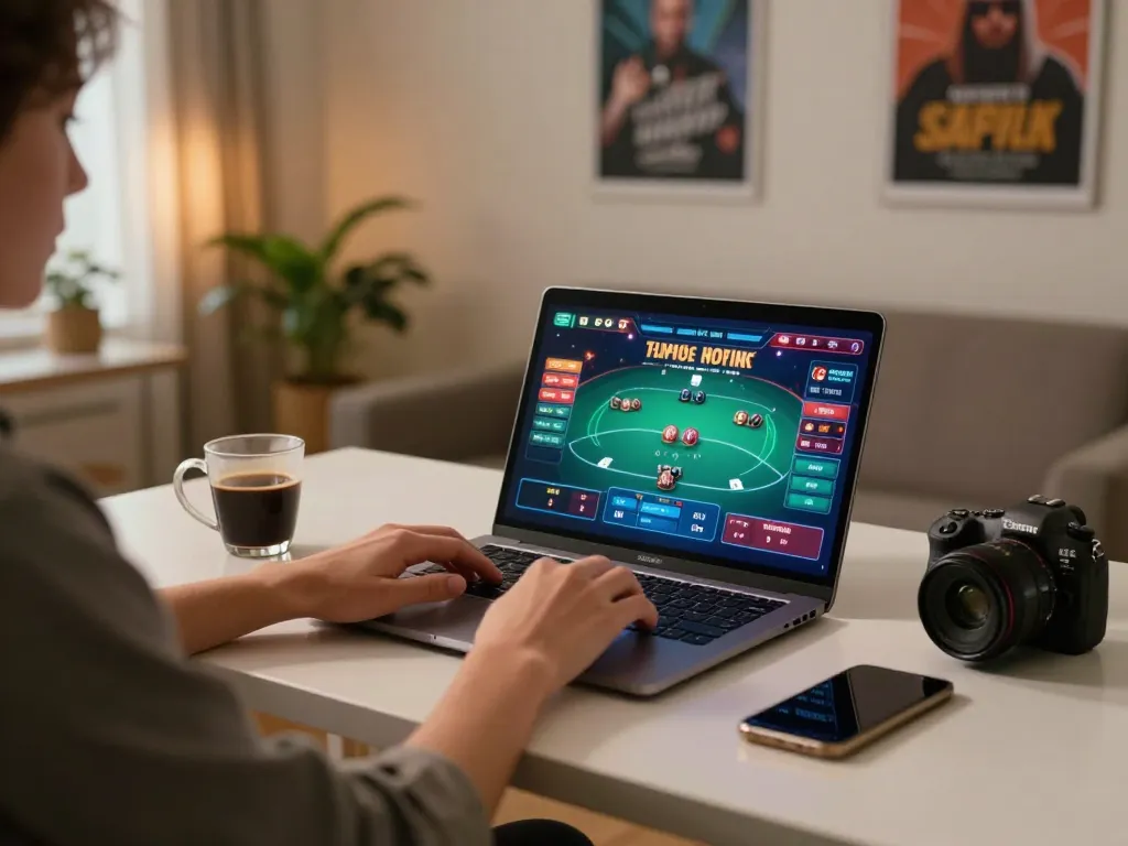 Engaged player experiencing sun win while playing online poker at home with a laptop.