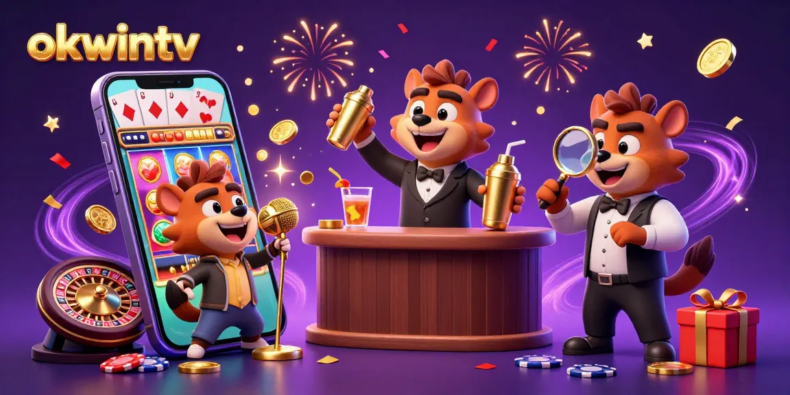 Engage with okwintv through an entertaining 3D illustration of hippos in a vibrant casino scene, showcasing gambling excitement.