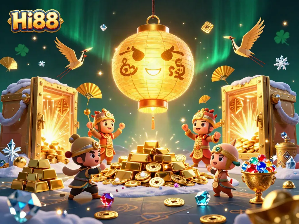 Experience thrilling gaming at Hi88 with a dynamic scene showcasing a golden lantern spirit amidst casino treasures.