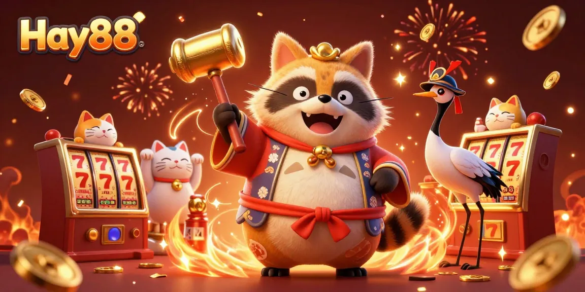 Engage with Hay88 in this vibrant 3D casino illustration of cheerful characters celebrating amidst slot reels and lucky symbols.