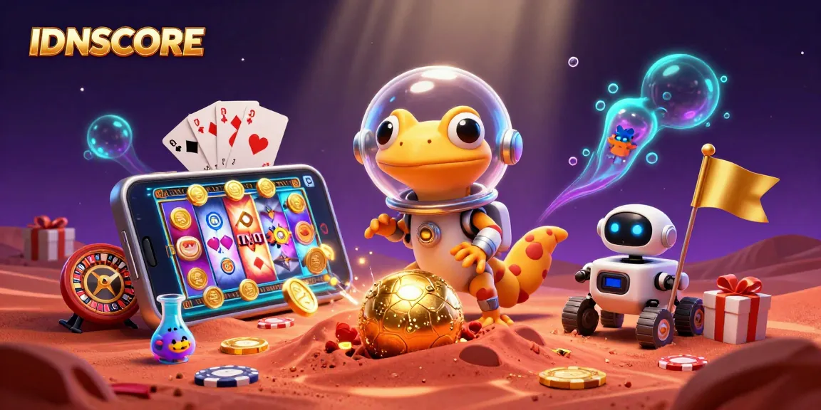 IDNSCORE offers an exciting visual of a cartoon Martian gecko at a golden casino on Mars.