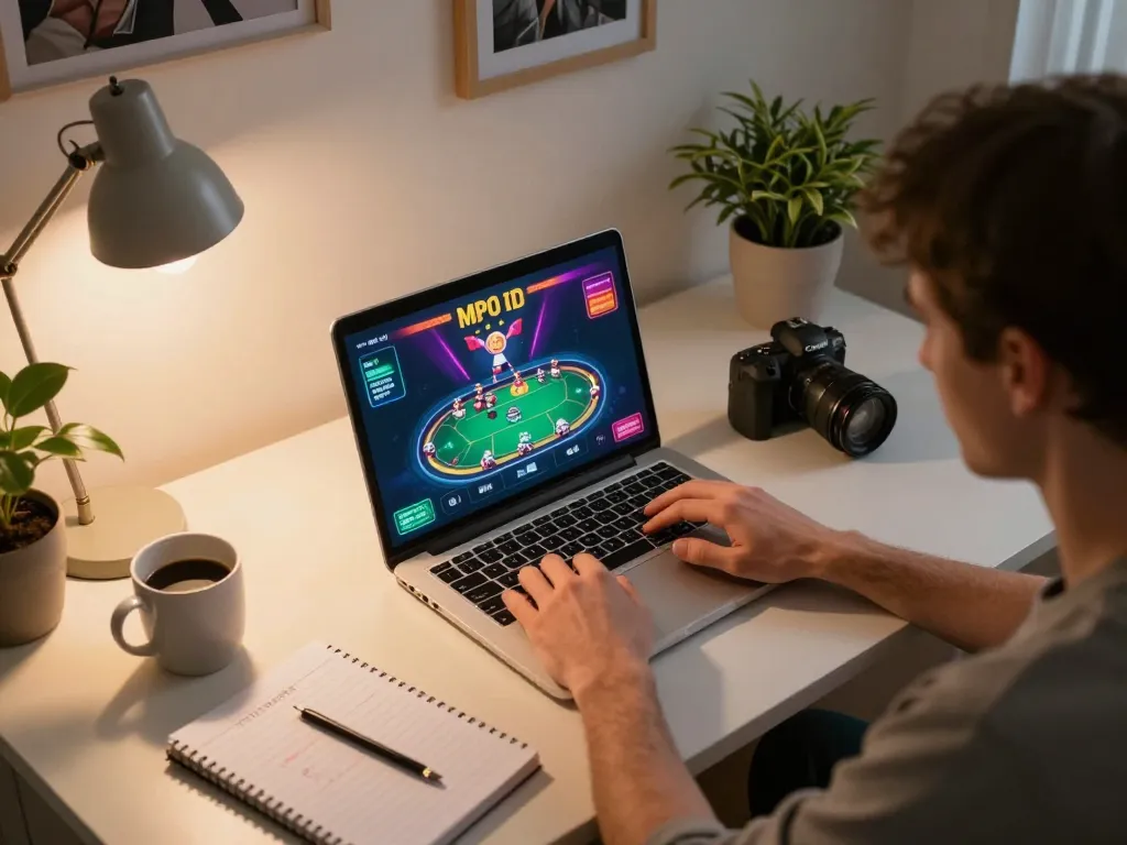 Player engaging in MPO ID poker game at home with strategies and coffee, cozy setup.