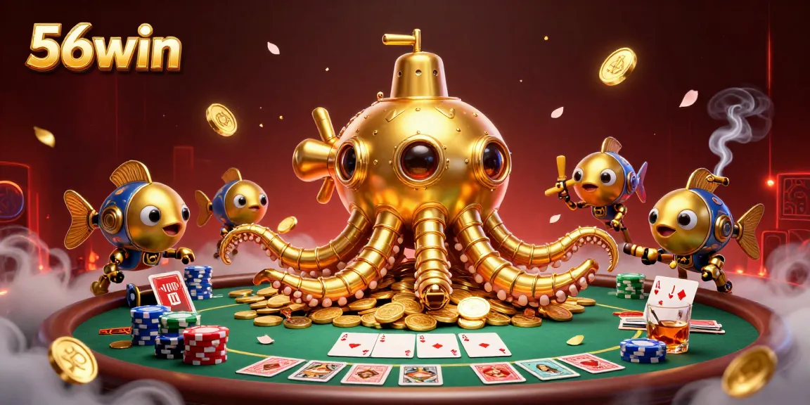 Engage with 56win's casino excitement featuring dynamic poker elements and a vibrant golden kraken.