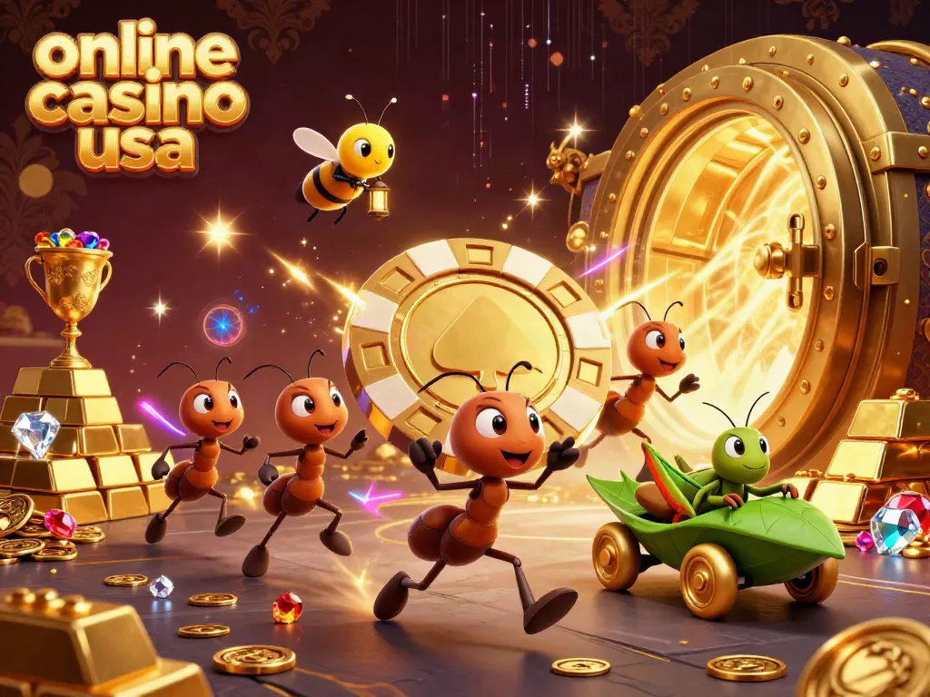 Ants stealing a giant golden poker chip amidst casino elements at an online casino usa.