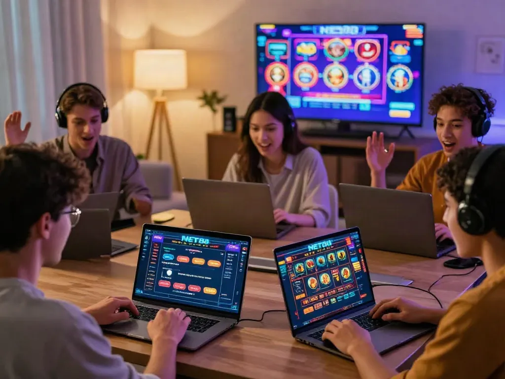 Players enjoying NET88 online gaming in a vibrant, cozy setting.