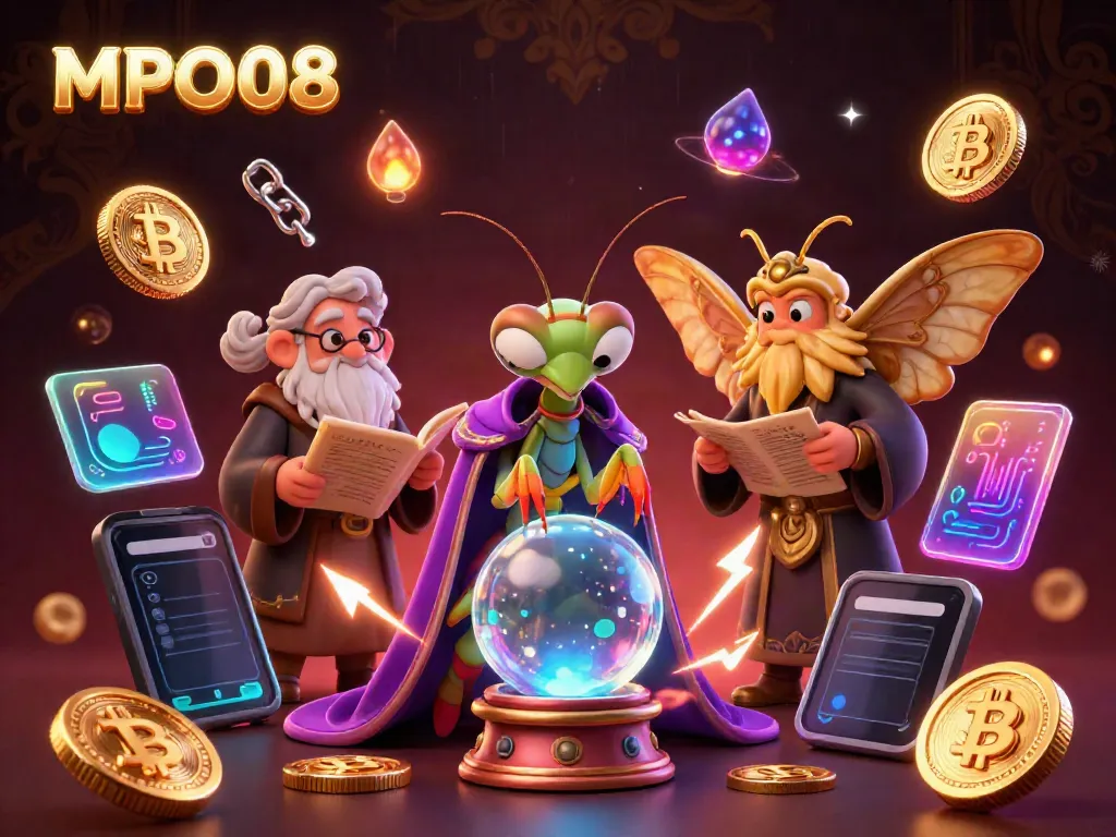 Play thrilling games with MPO08, featuring a mystical scene of fortune tellers and blockchain symbols.