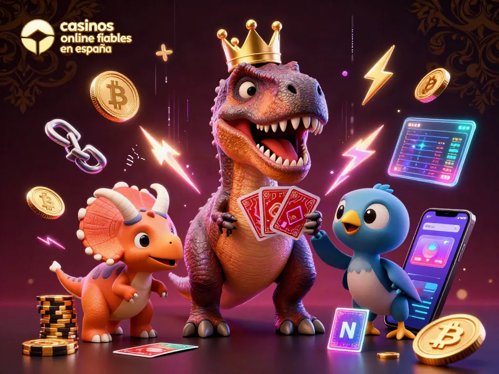 Visualiza casinos online fiables en España con un T-Rex jugando cartas y un Triceratops apilando fichas de oro.