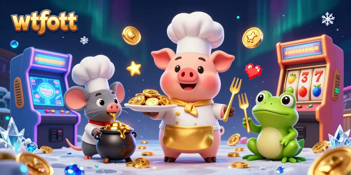 Play exciting slots with wtfott as animated chef pig serves golden coins in a vibrant casino.