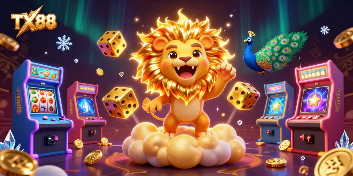 Experience winning moments with TX88 in an ultra-detailed casino-themed 3D illustration featuring a sun lion.