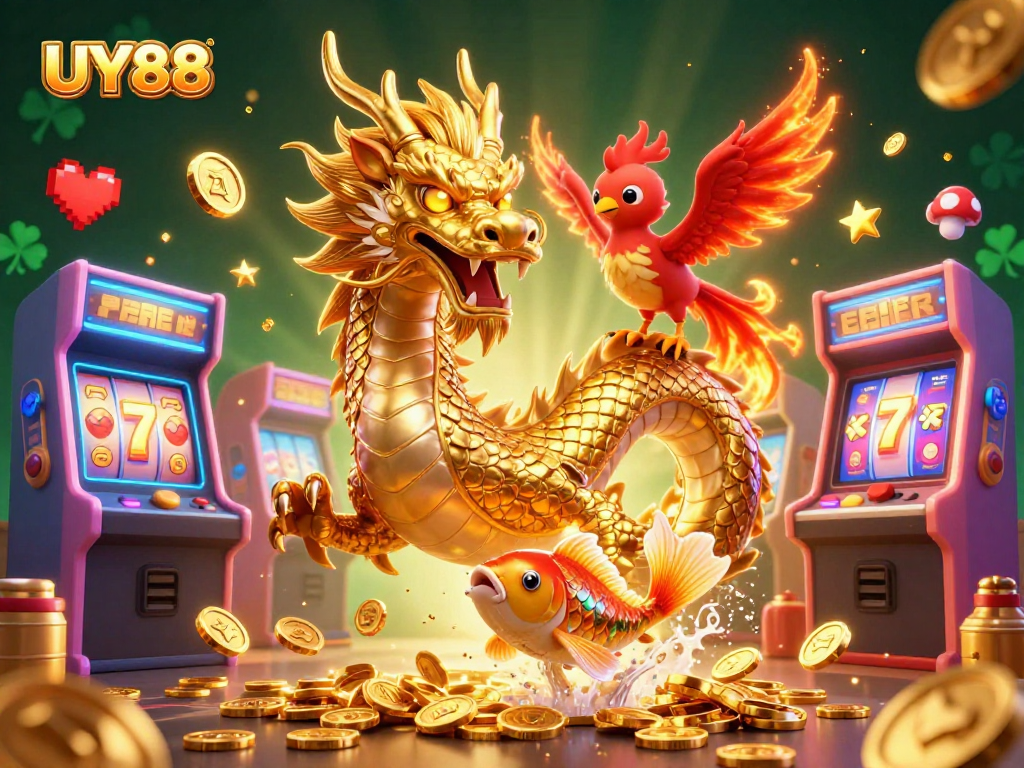 Play UY88 with a vibrant scene featuring a Chinese dragon, phoenix, and koi fish amidst casino elements.