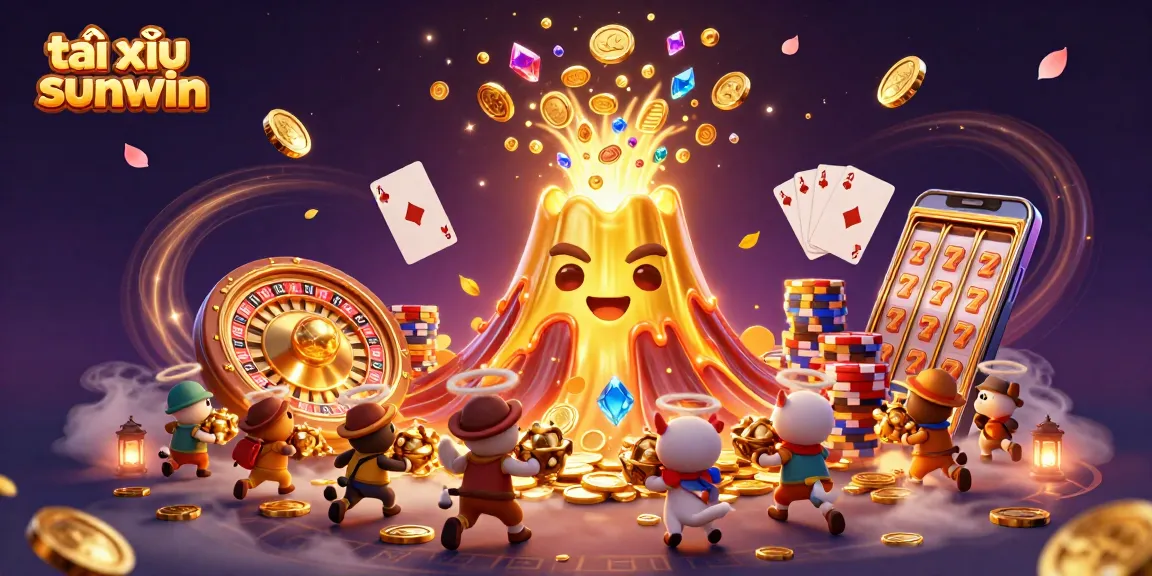 Experience the excitement of tài xỉu sunwin with a vibrant 3D illustration featuring a golden volcano, treasure, and dynamic casino elements.