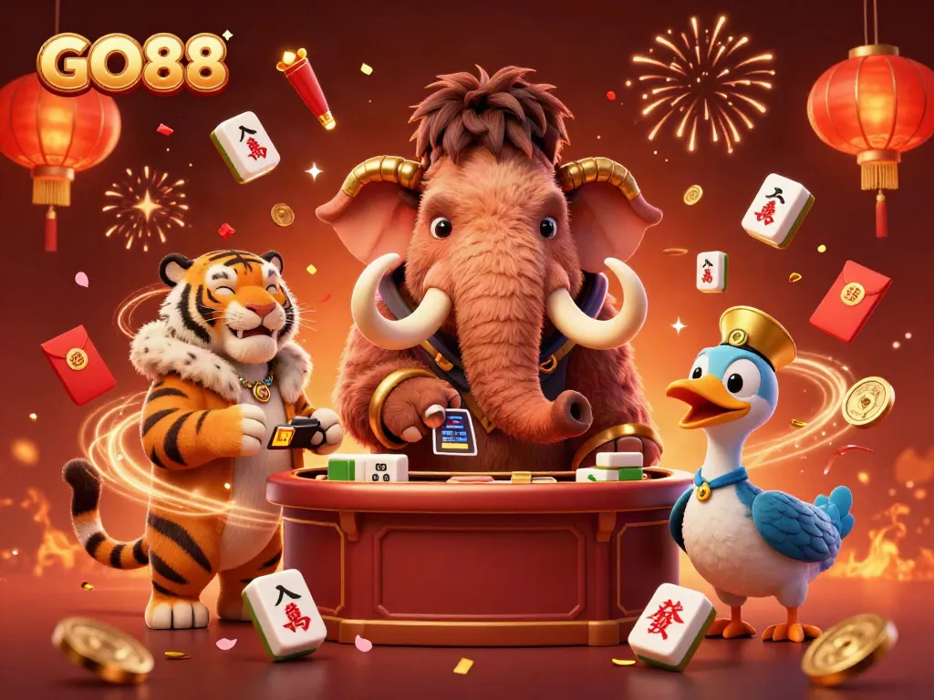 Experience the GO88 casino with a mammoth bouncer and saber-tooth VIP welcoming guests in a vibrant 3D scene.
