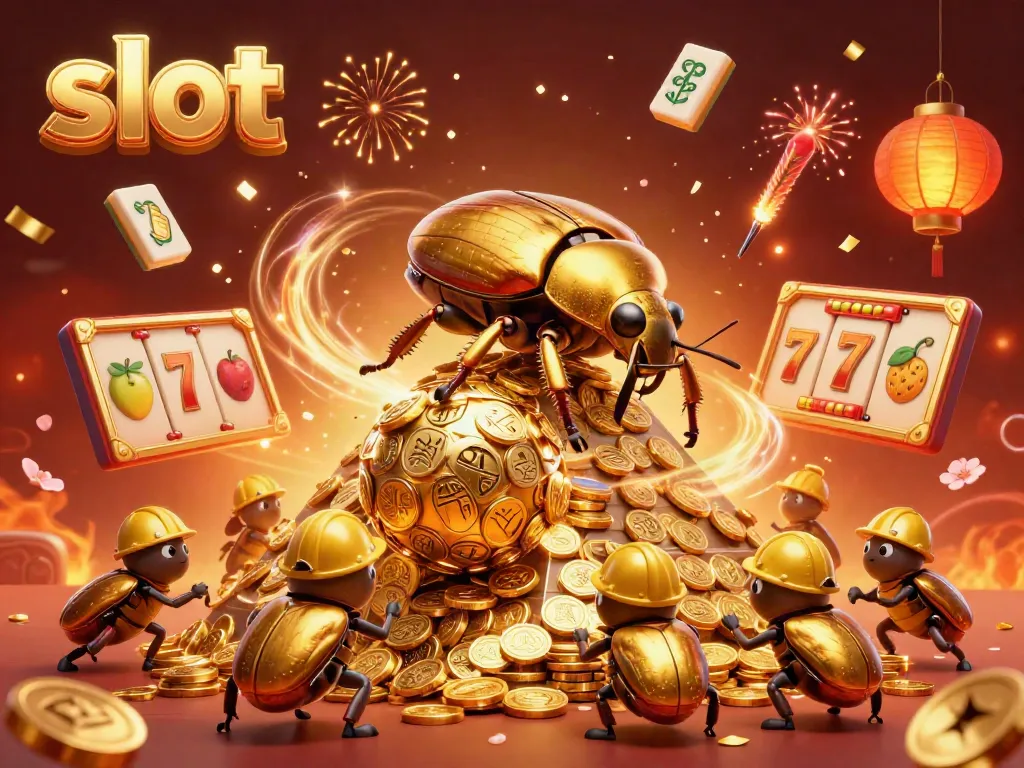 Engage with dynamic slot gameplay featuring golden beetles and casino elements in a festive scene.