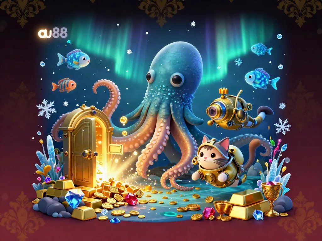 Experience the thrill of gaming with au88 through a vibrant and detailed 3D illustration of a kraken and treasures.