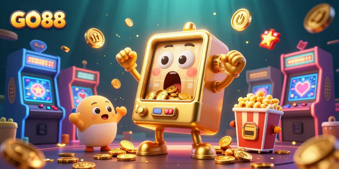 Play GO88's thrilling slot games as the golden slot machine hits a jackpot with coins pouring out.
