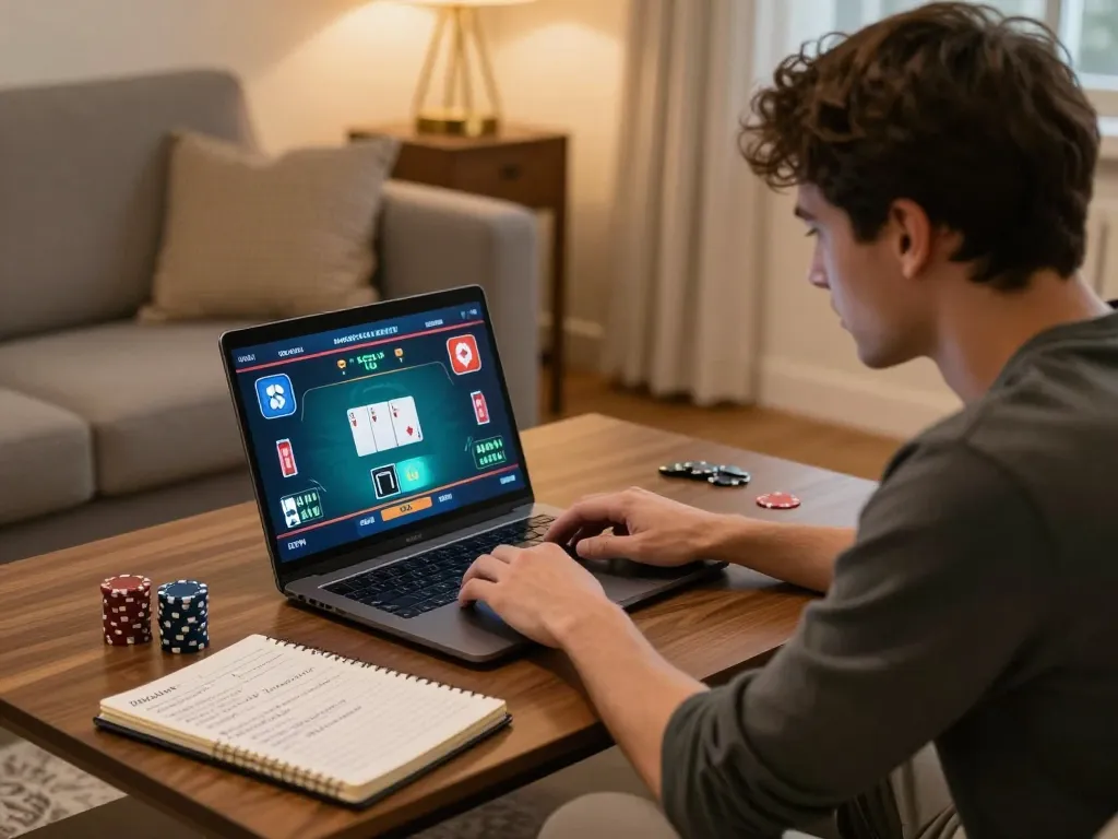 A player enjoys online poker on a laptop at home, engaging in strategic gameplay with llwin.