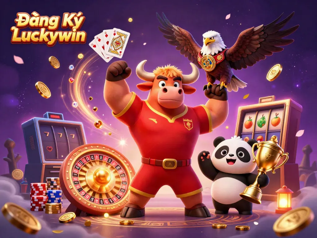 Experience a thrilling scene with Đăng Ký Luckywin, showcasing friendly characters amidst dazzling casino elements and vibrant energy.