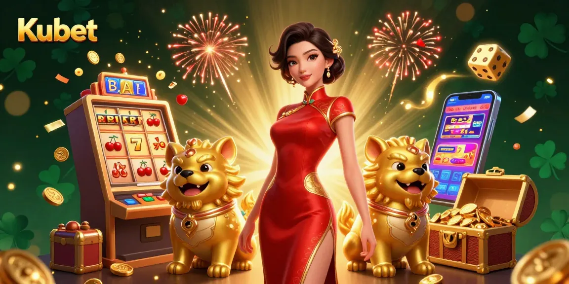 Kubet offers an immersive casino gaming experience, featuring a glamorous woman in traditional attire amidst vibrant slot machine action.