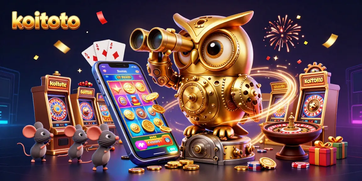 Koitoto features a 3D cartoon golden owl and mouse patrons amid dynamic casino elements and festive background.