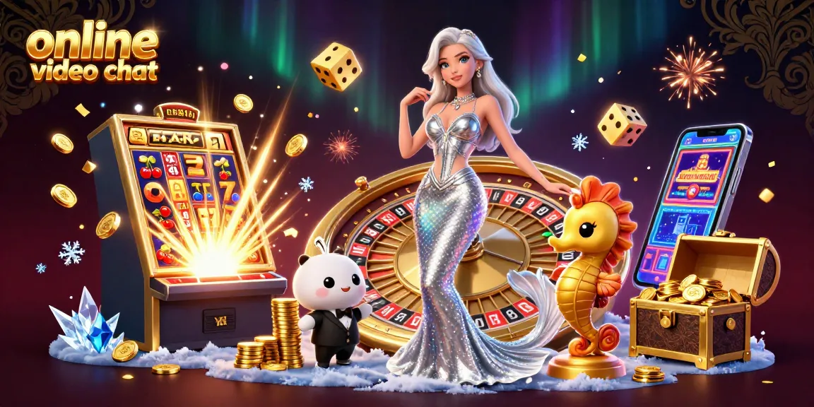 Engage in online video chat with dynamic casino elements featuring a roulette wheel, vibrant coins, and colorful game symbols.