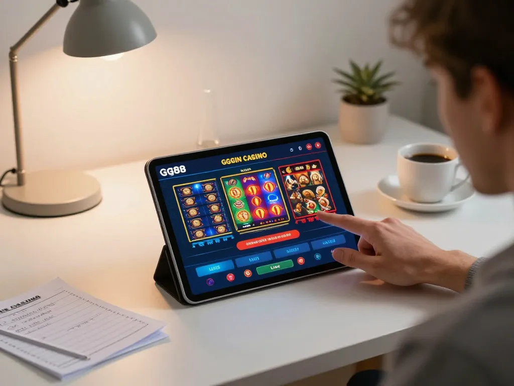 Engaging with the gg88 casino app on tablet in a cozy home office environment, showcasing dynamic online gambling.