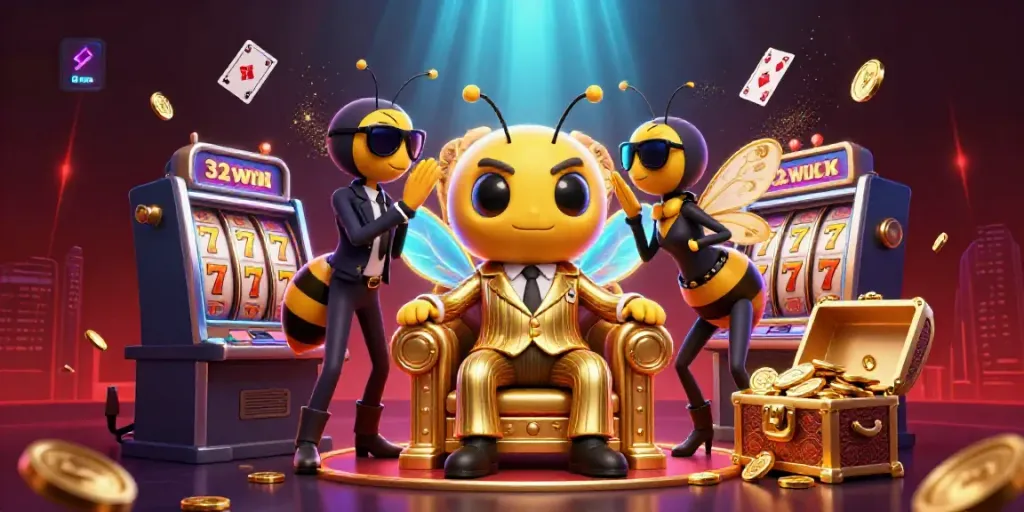 Experience the thrilling world of 32win with a vibrant 3D casino illustration featuring a mob boss bee and dazzling gaming elements.