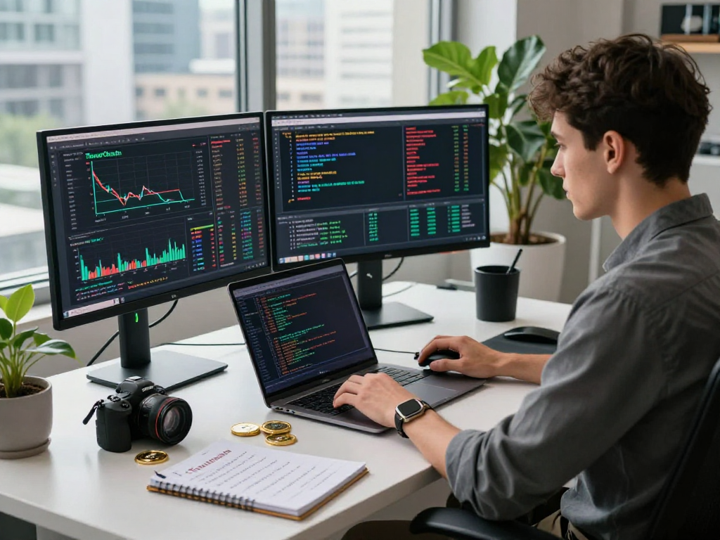 Tornado Cash crypto finance scene with a focused professional analyzing blockchain data in a modern office environment