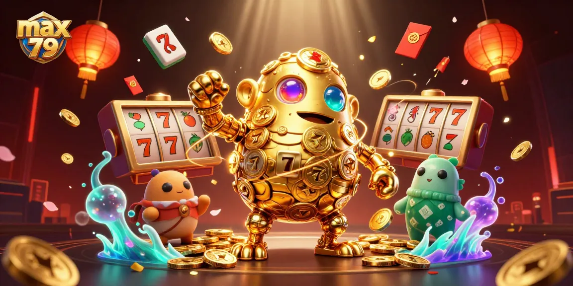 Experience exciting wins at max 79 with a dynamic casino scene featuring golden golems and slot reels.