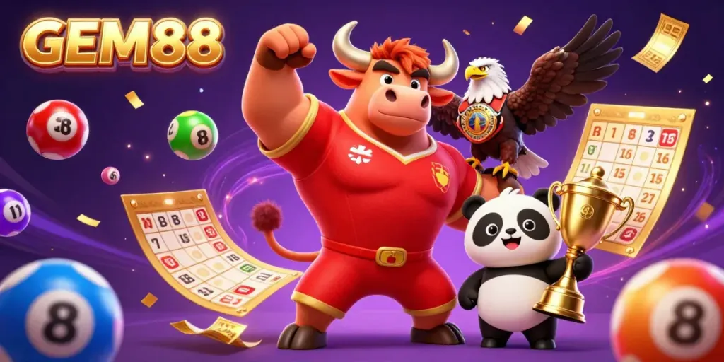 Participate in the exciting GEM88 carnival, featuring a bull mascot celebrating victory surrounded by colorful lottery elements.