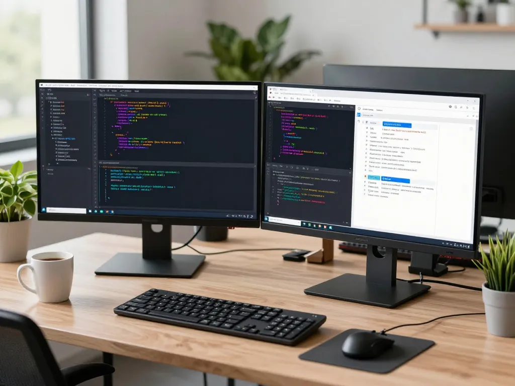 快连 enhances the developer's coding experience in a modern workspace with dual monitors and vibrant code.